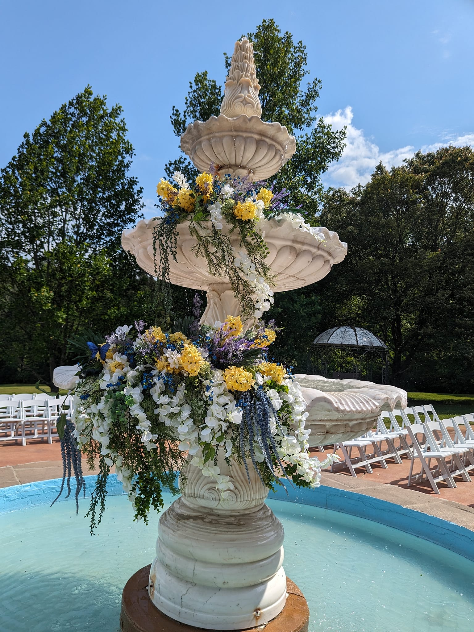 fountain with wedding flowers