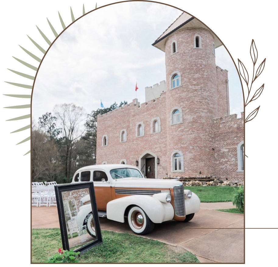 vintage getaway car outside of Pierce Castle